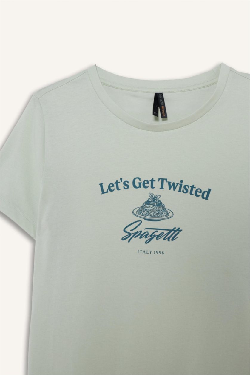 WOMAN Light Mint Regular Fit Printed Crew Neck Short Sleeve T-Shirt