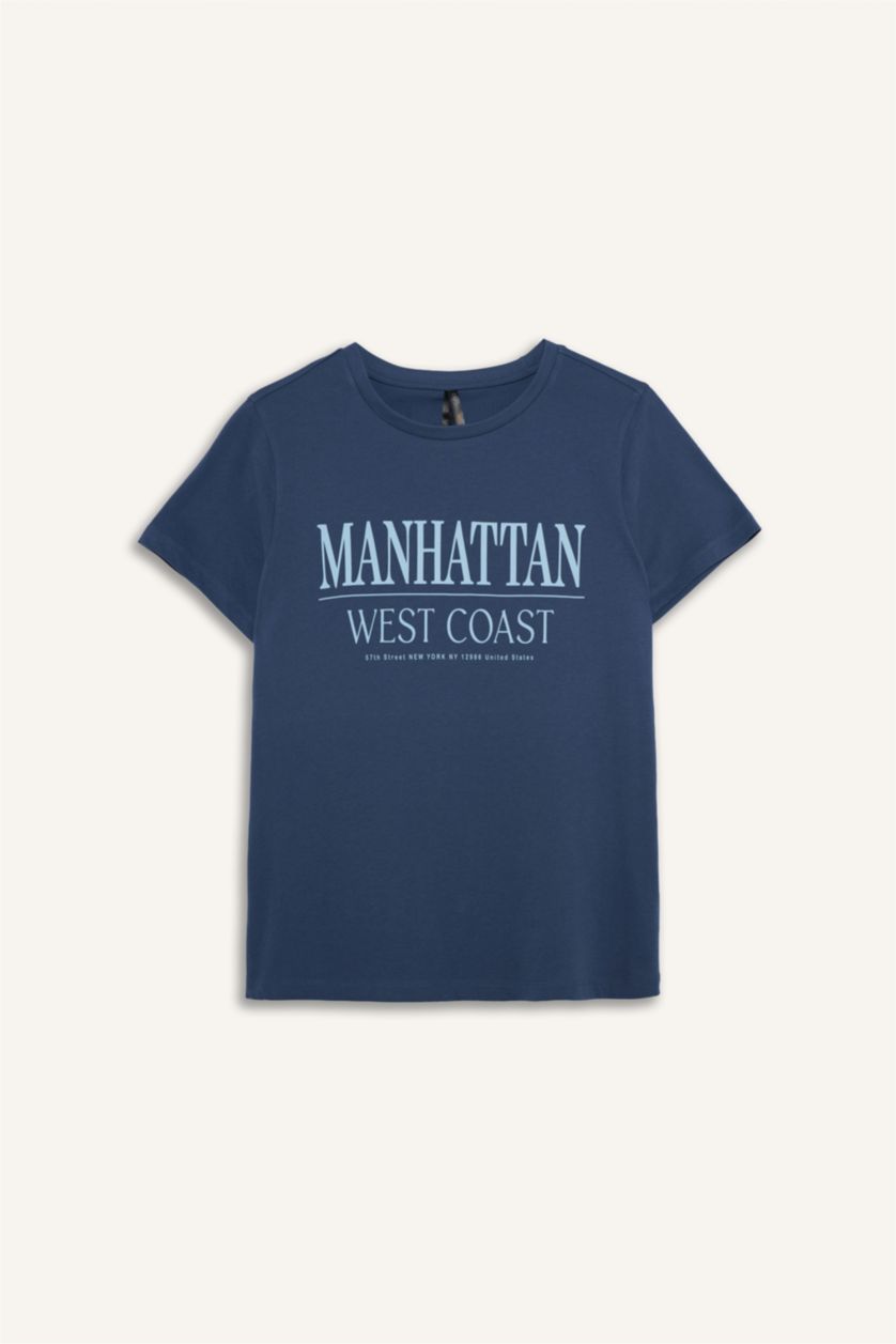 Женщины Светло-индиговый Трикотажная футболка Regular Fit с круглым вырезом коротким рукавом и принтом-слоганом