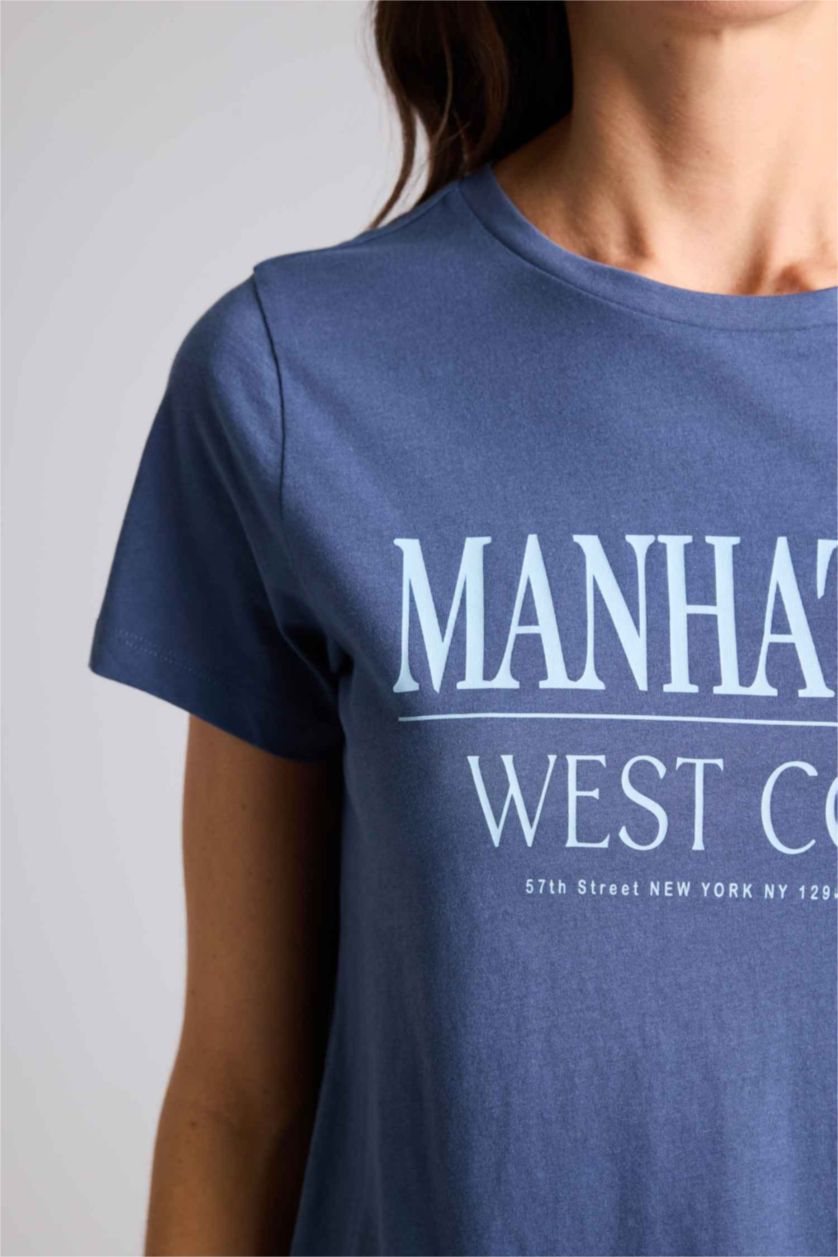 FEMME Indigo Clair T-shirt à col rond avec slogan imprimé Coupe régulière