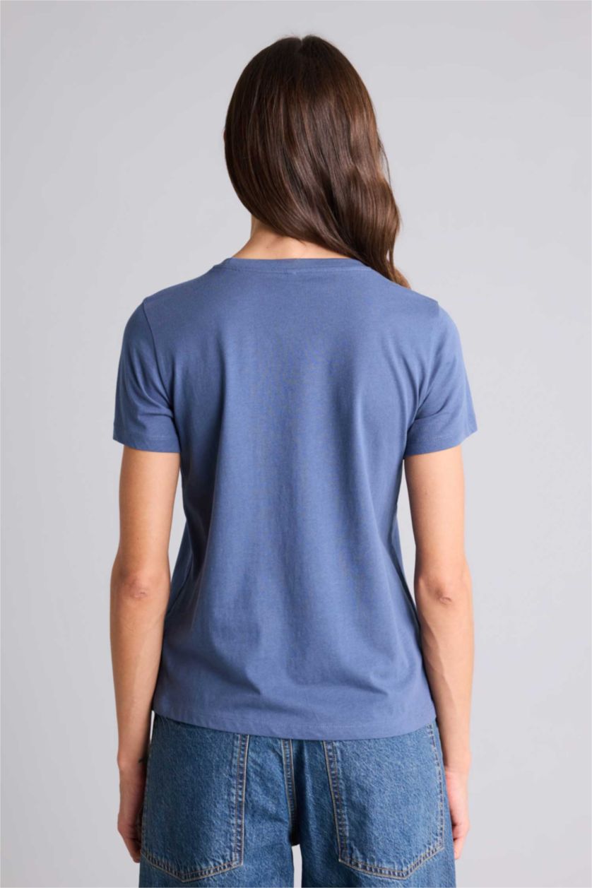 FEMME Indigo Clair T-shirt à col rond avec slogan imprimé Coupe régulière