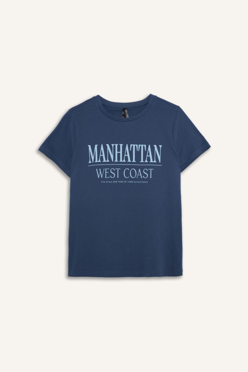 FEMME Indigo Clair T-shirt à col rond avec slogan imprimé Coupe régulière