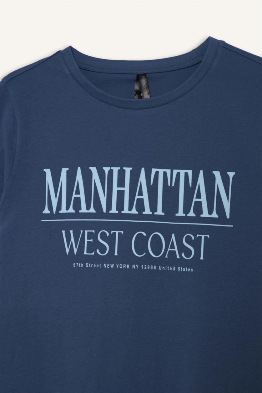 FEMME Indigo Clair T-shirt à col rond avec slogan imprimé Coupe régulière