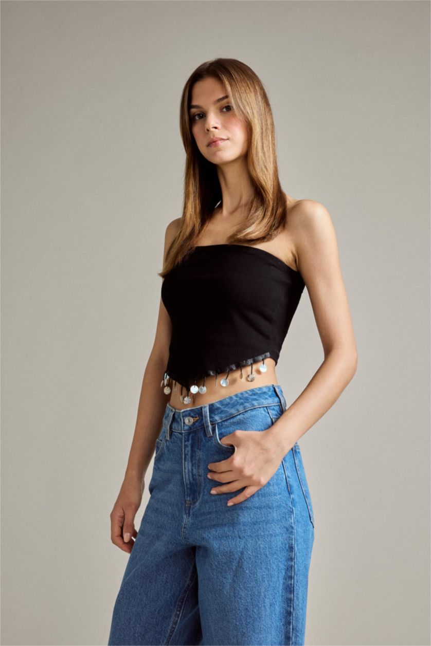 Kadın Siyah Straplez Boncuk Detaylı Bluz