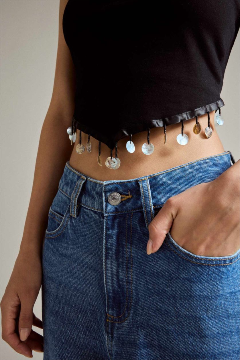 Kadın Siyah Straplez Boncuk Detaylı Bluz