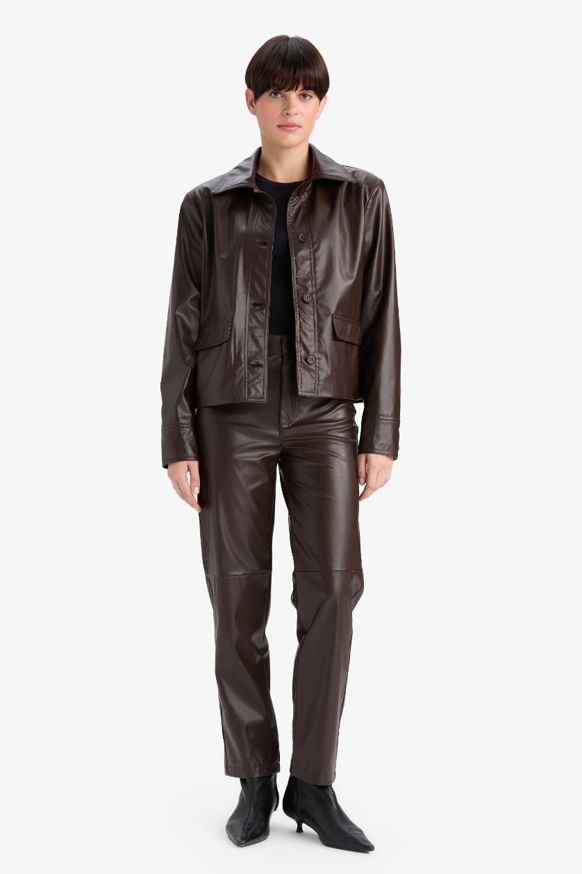 نساء بني غامق فيست بليزر قصة عادية بياقة بيبي جلد