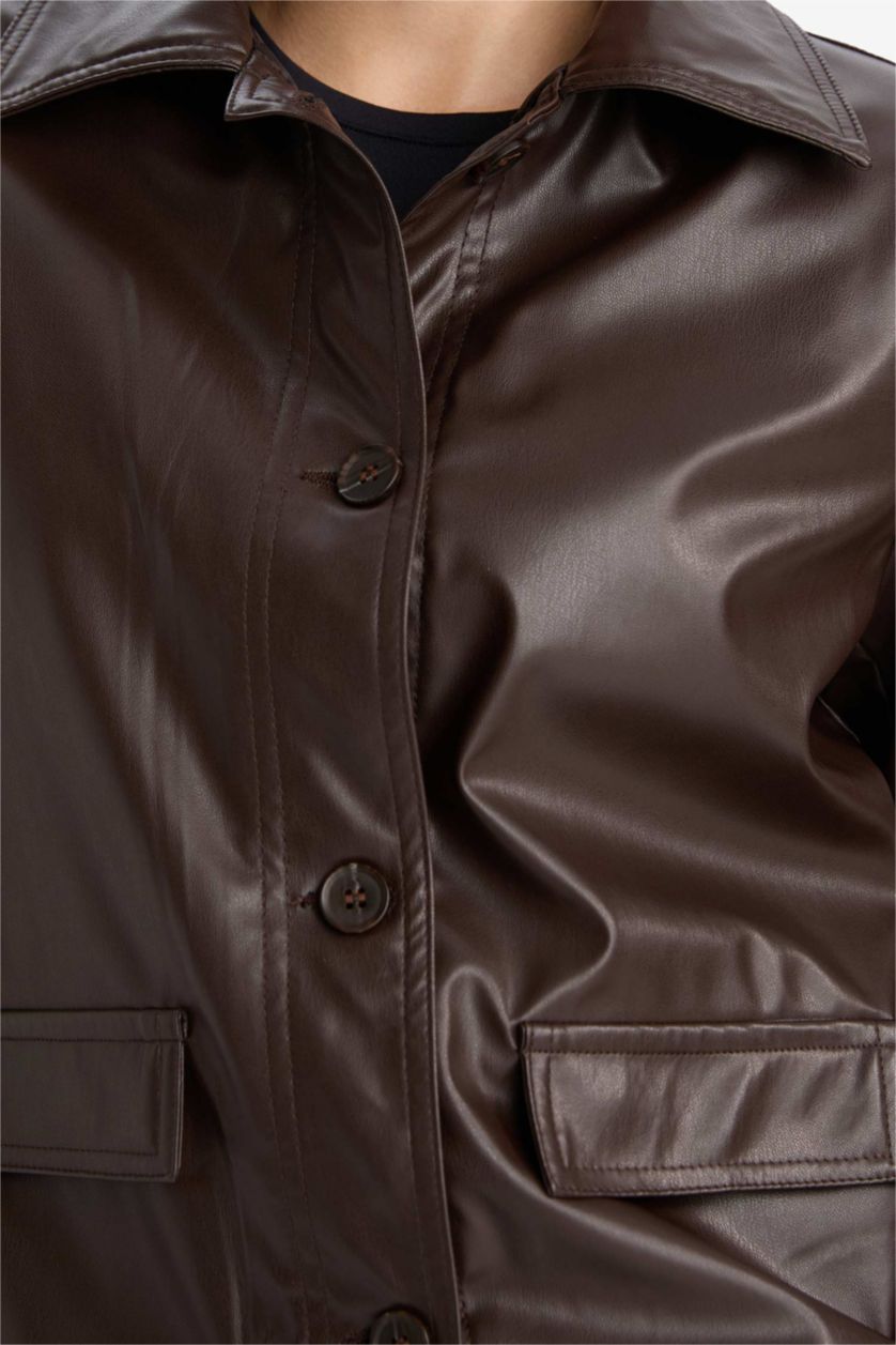 نساء بني غامق فيست بليزر قصة عادية بياقة بيبي جلد