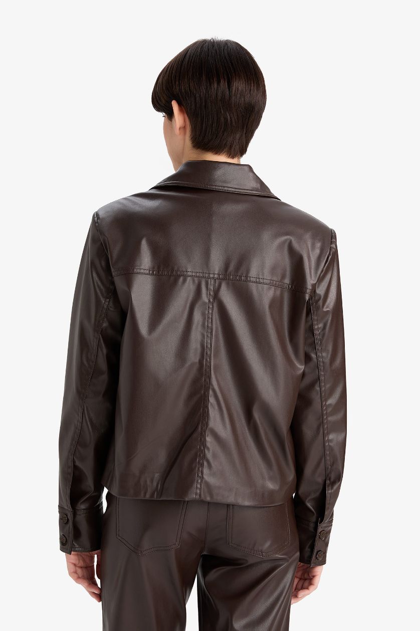 نساء بني غامق فيست بليزر قصة عادية بياقة بيبي جلد