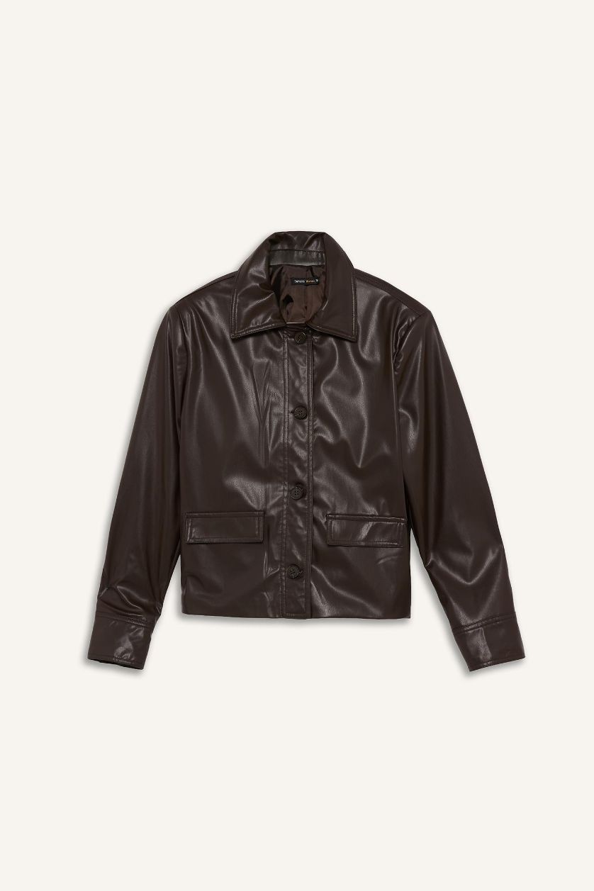 نساء بني غامق فيست بليزر قصة عادية بياقة بيبي جلد