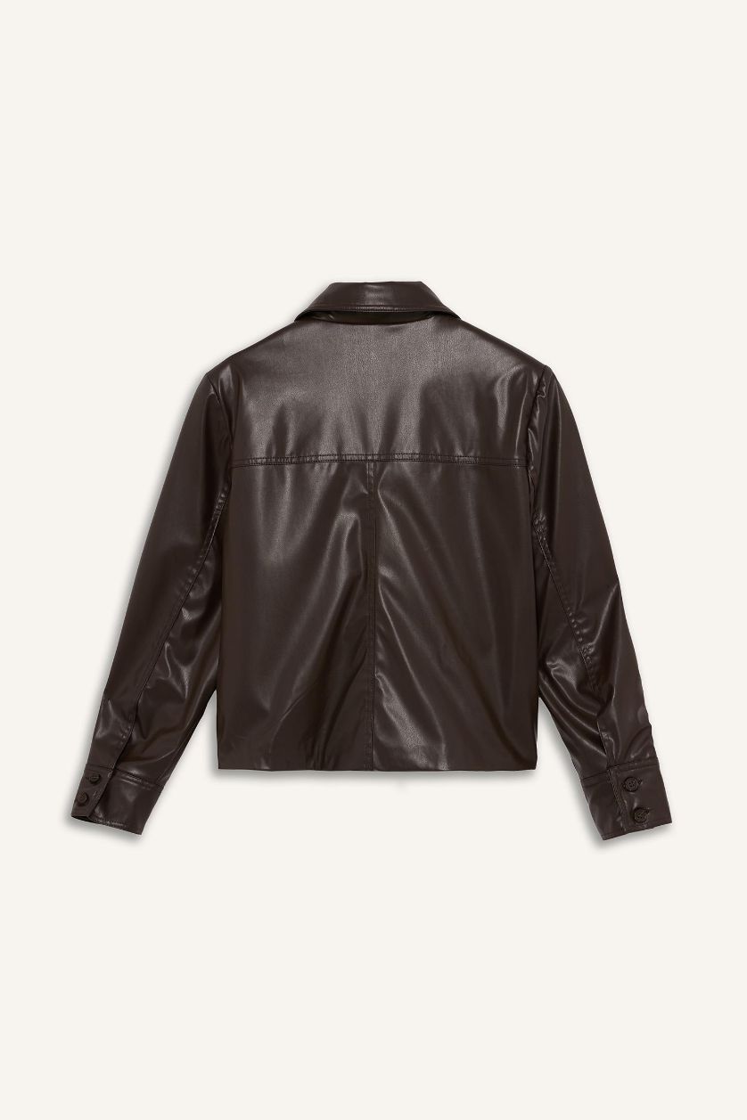 نساء بني غامق فيست بليزر قصة عادية بياقة بيبي جلد