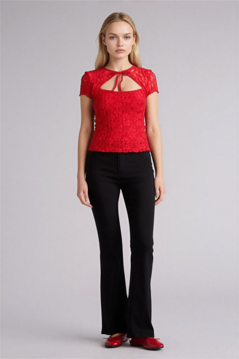 نساء أسود بنطرون فلير فيت برجل واسع بسحاب وخصر عادي