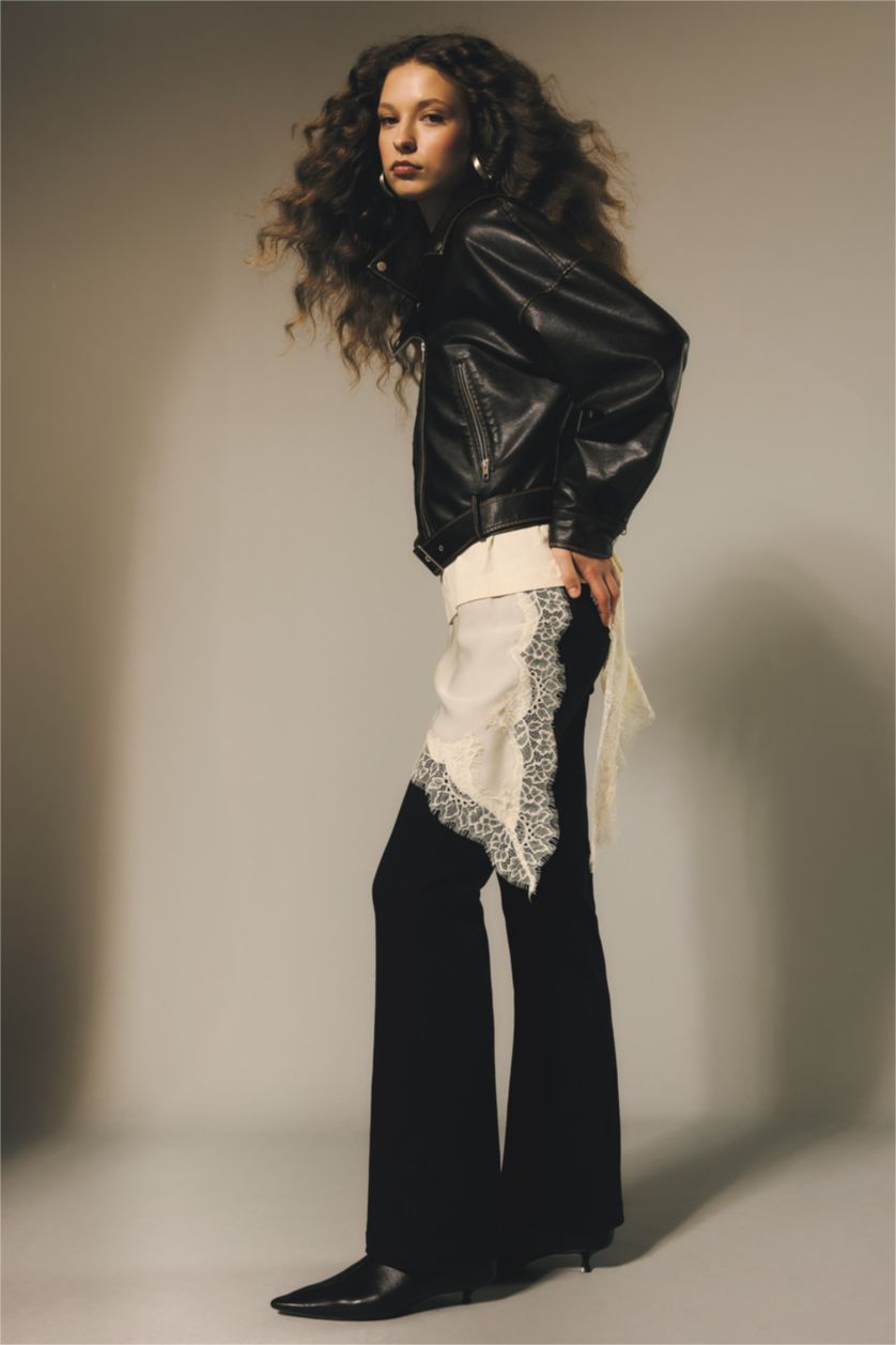 Kadın Siyah Flare Fıt Fermuarlı Normal Bel Bengalin Pantolon