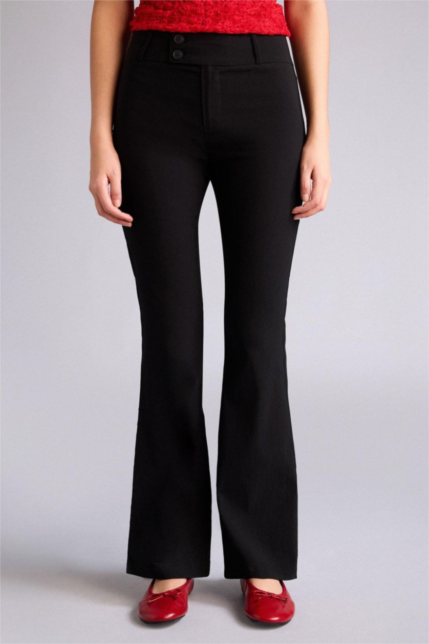 نساء أسود بنطرون فلير فيت برجل واسع بسحاب وخصر عادي