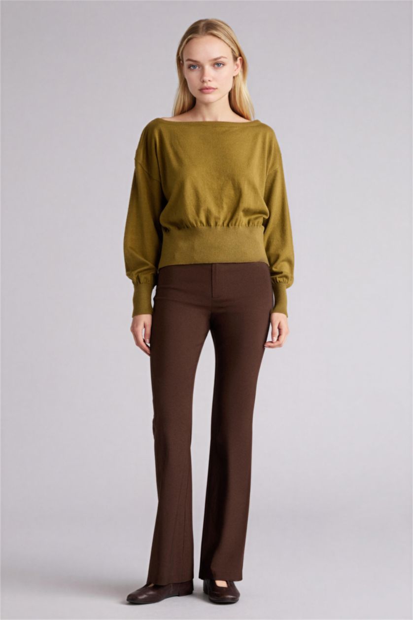Woman Brown Flare Zipper Trousers