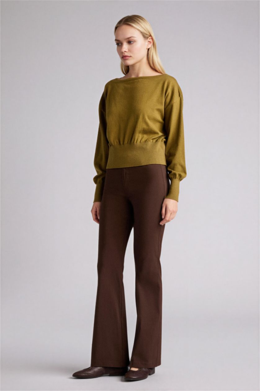 Woman Brown Flare Zipper Trousers