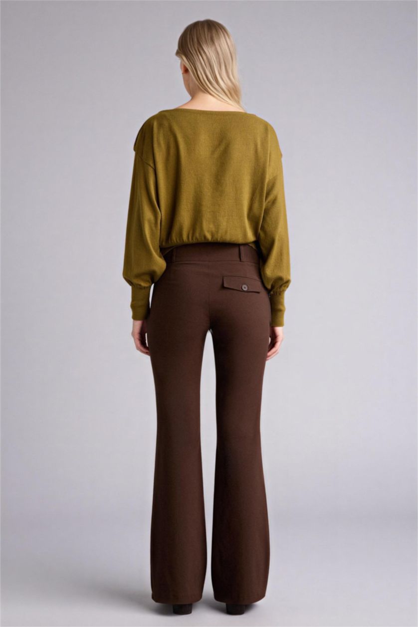 Woman Brown Flare Zipper Trousers