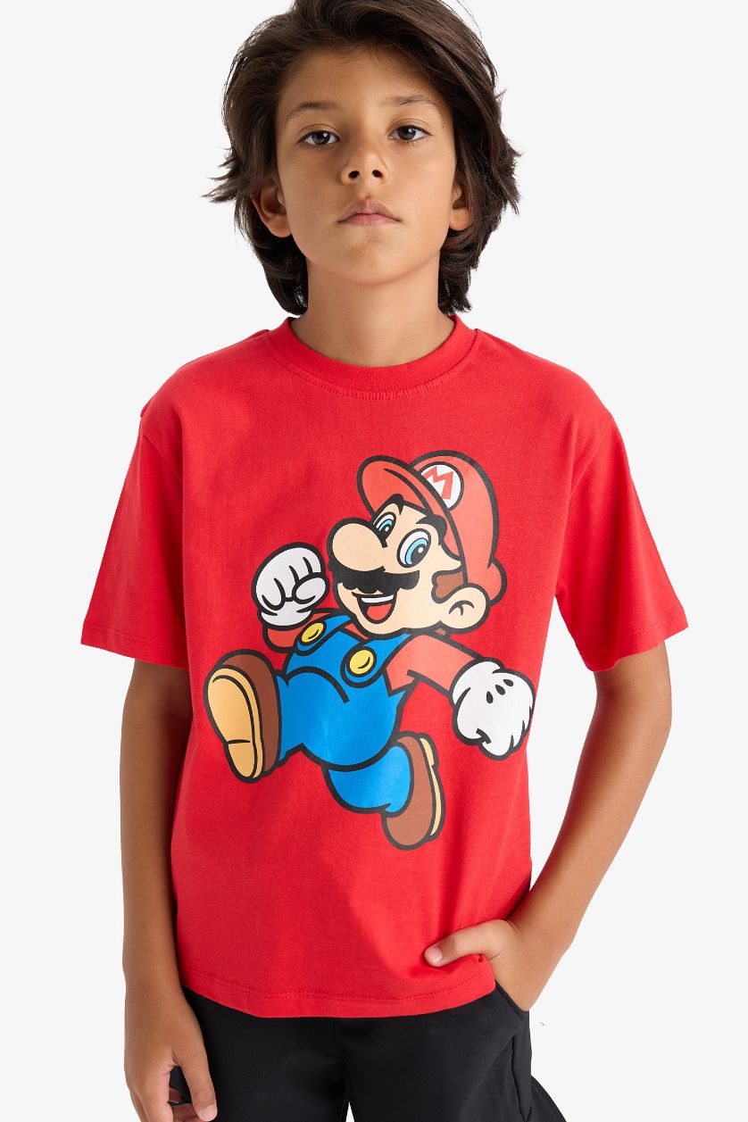 Erkek Çocuk - Genç Erkek Açık Kırmızı Nintendo Bisiklet Yaka Kısa Kollu Tişört Erkek Çocuk