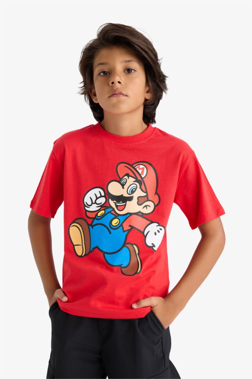 Erkek Çocuk - Genç Erkek Açık Kırmızı Nintendo Bisiklet Yaka Kısa Kollu Tişört Erkek Çocuk