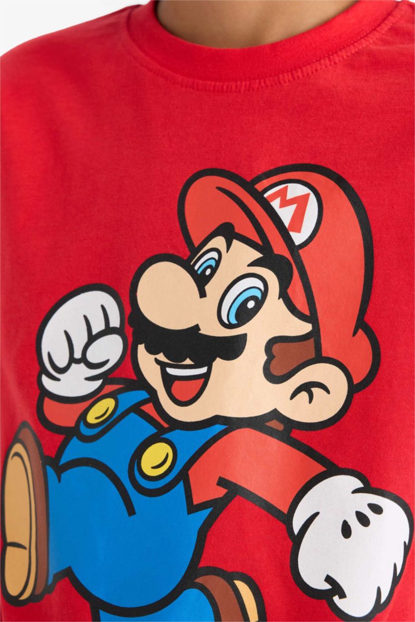 Erkek Çocuk - Genç Erkek Açık Kırmızı Nintendo Bisiklet Yaka Kısa Kollu Tişört Erkek Çocuk