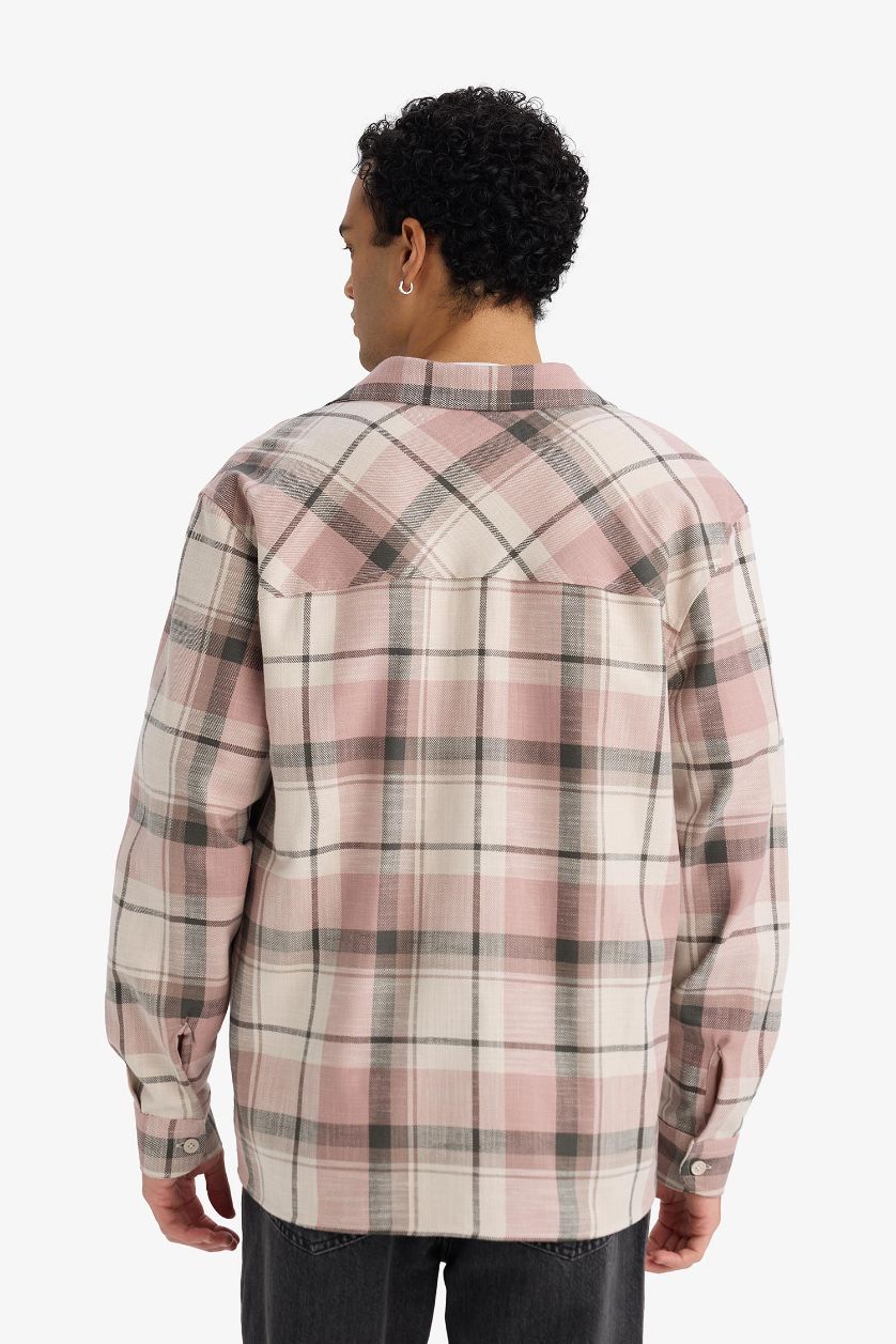 MAN Rose Regular Fit Polo Neck Plaid Flannel Long Sleeve Shirt