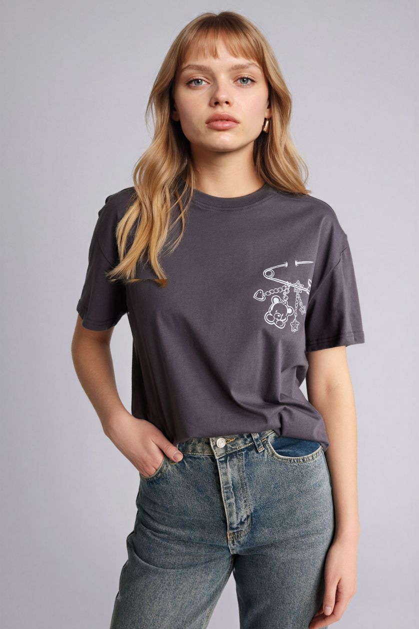 Женщины Антрацит Футболка с принтом Oversize