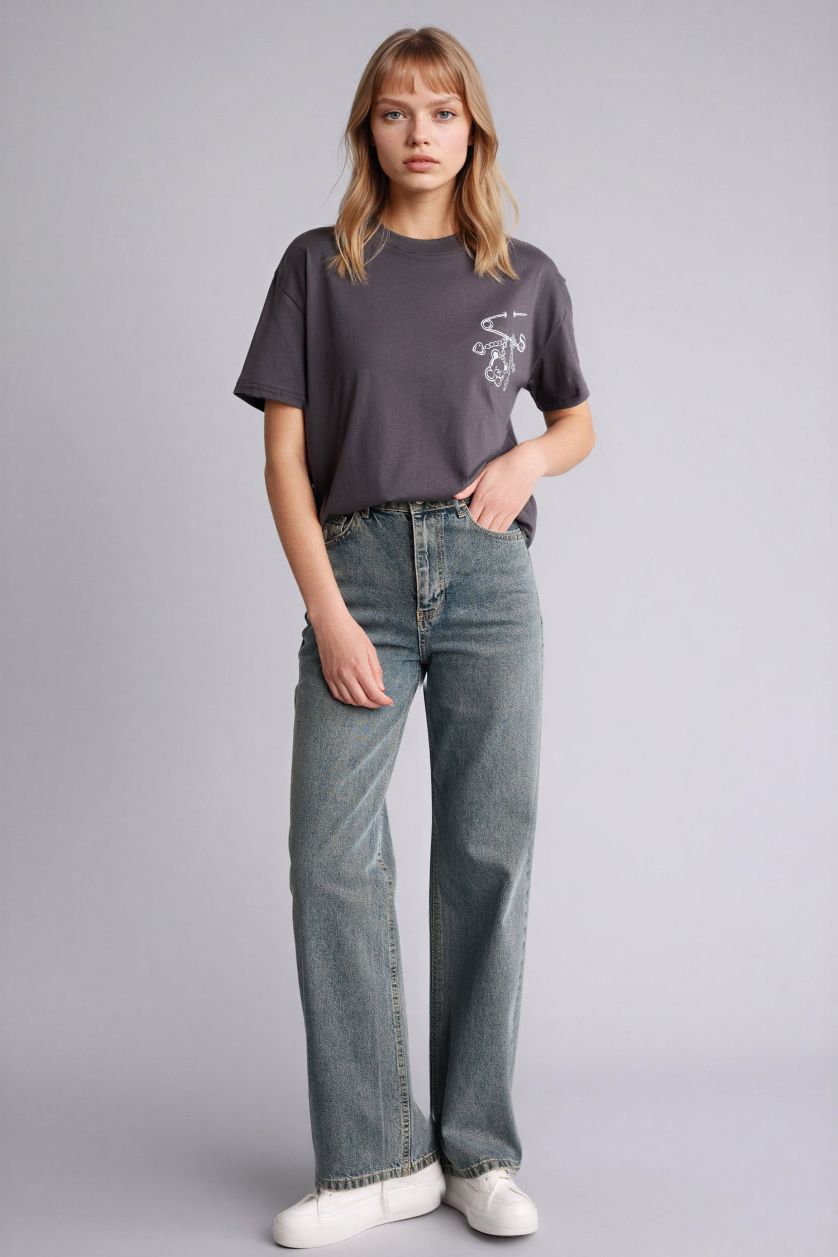 Женщины Антрацит Футболка с принтом Oversize