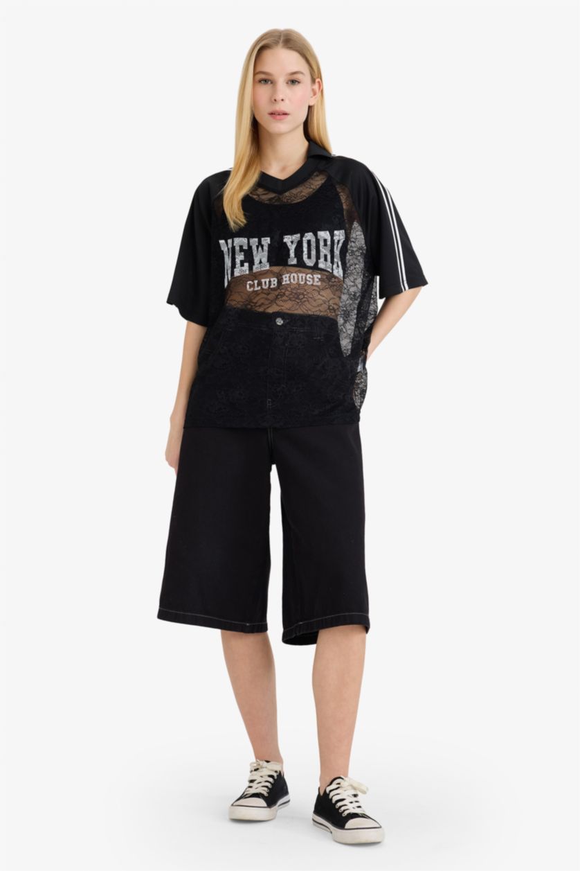 Woman Black Oversize Fit Printed Lace T-shirt