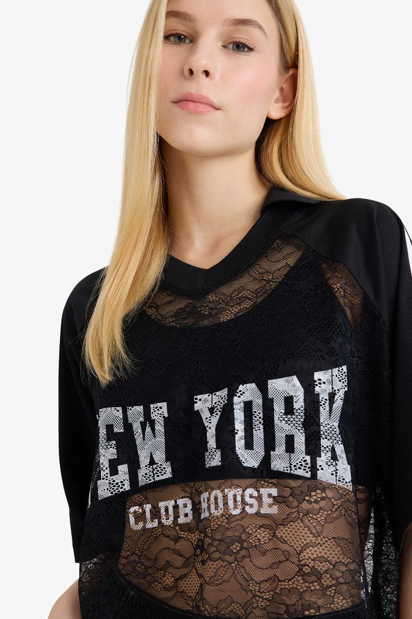Woman Black Oversize Fit Printed Lace T-shirt