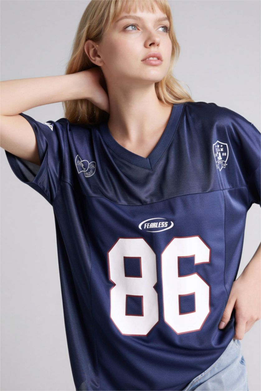 WOMAN NAVY Oversize Fit Printed Short Sleeves T-shirt