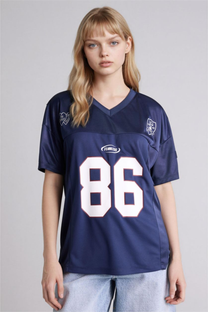 WOMAN NAVY Oversize Fit Printed Short Sleeves T-shirt