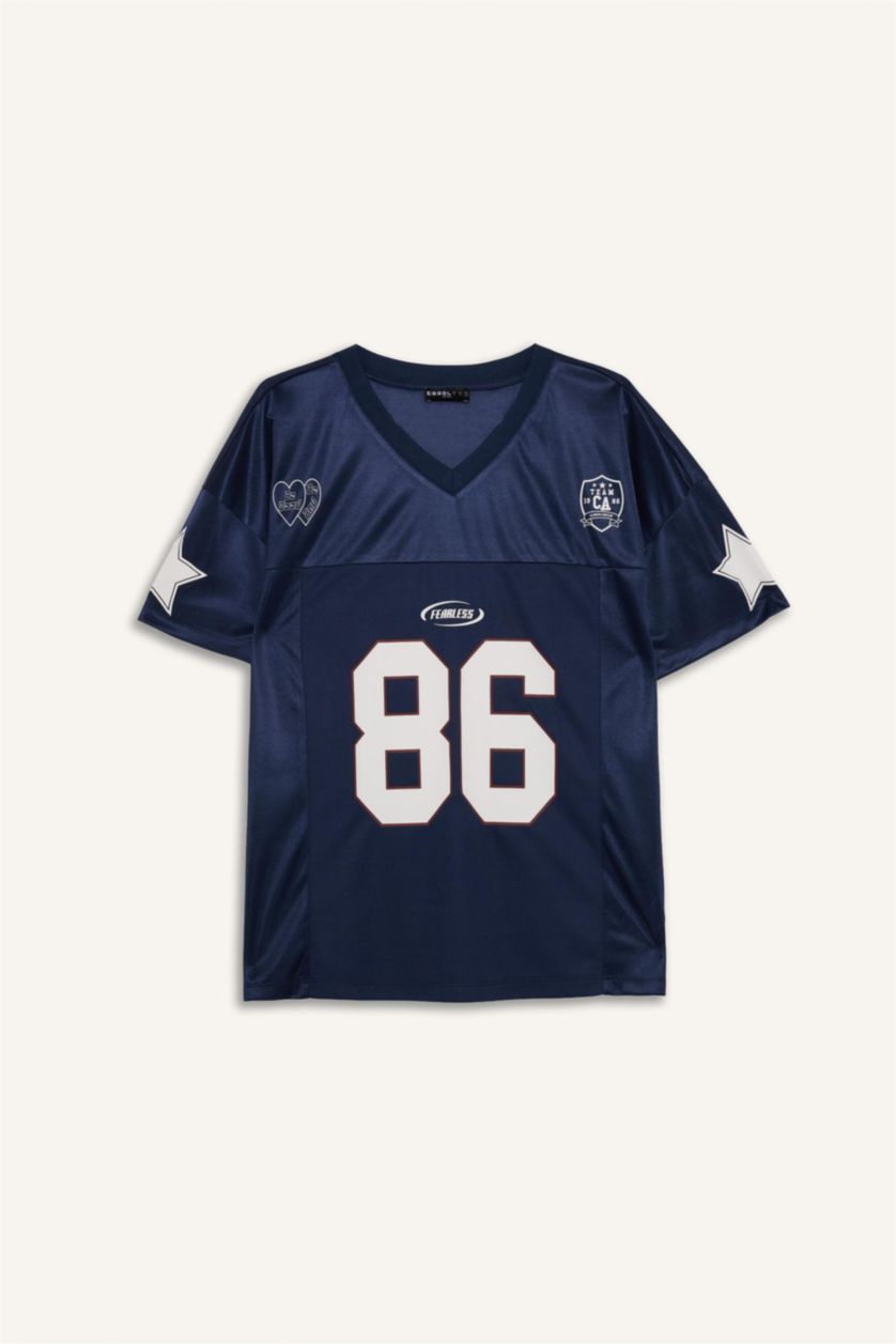 WOMAN NAVY Oversize Fit Printed Short Sleeves T-shirt