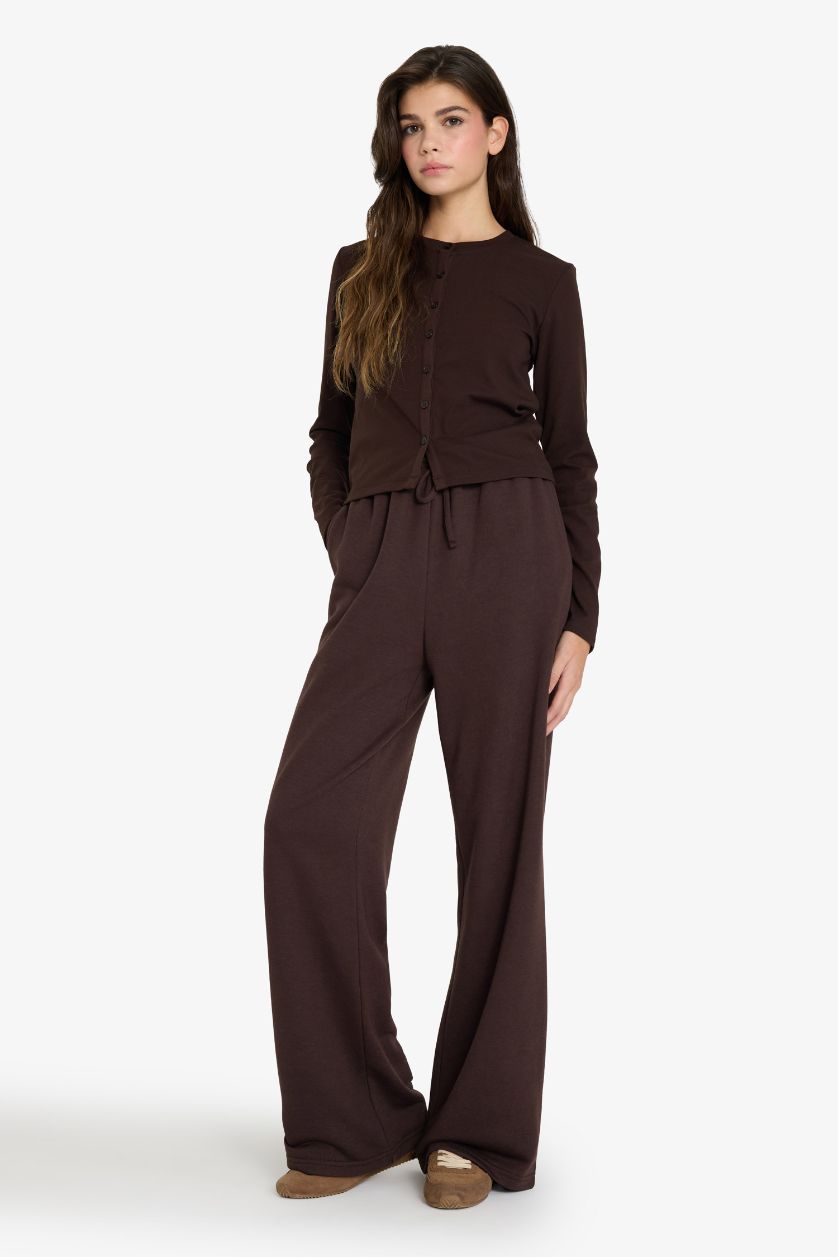 Woman Brown Slim Fit Button Neck Ribana Cardigan