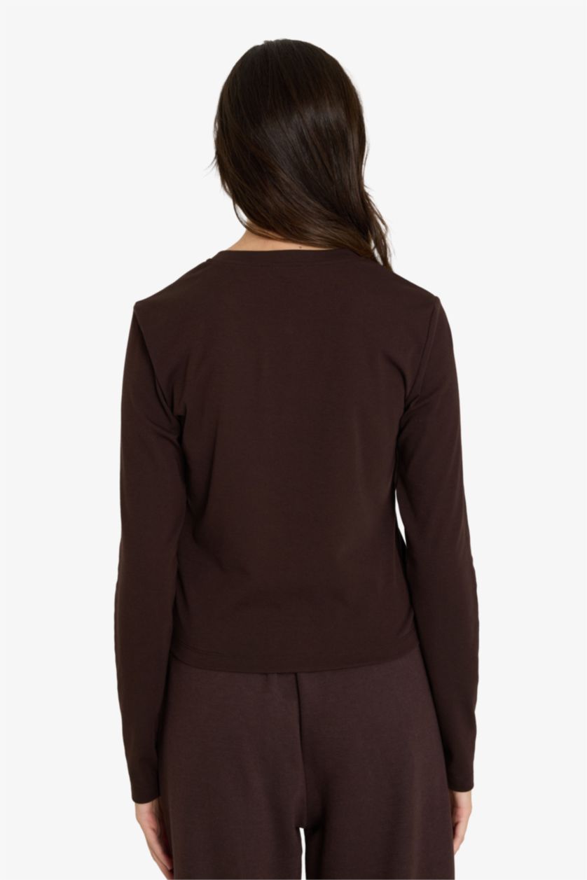 Woman Brown Slim Fit Button Neck Ribana Cardigan