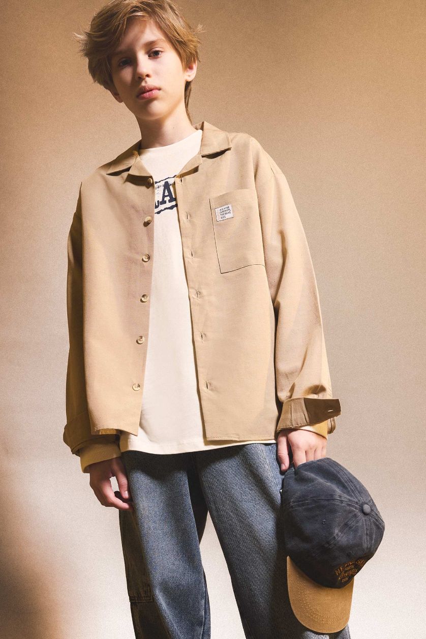 Erkek Çocuk - Genç Erkek Bej Oversize Geniş Kalıp Polo Yaka Uzun Kollu Gömlek Erkek Çocuk