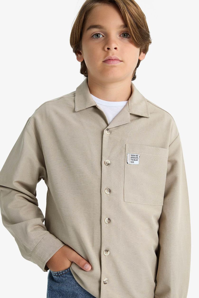 Erkek Çocuk - Genç Erkek Bej Oversize Geniş Kalıp Polo Yaka Uzun Kollu Gömlek Erkek Çocuk