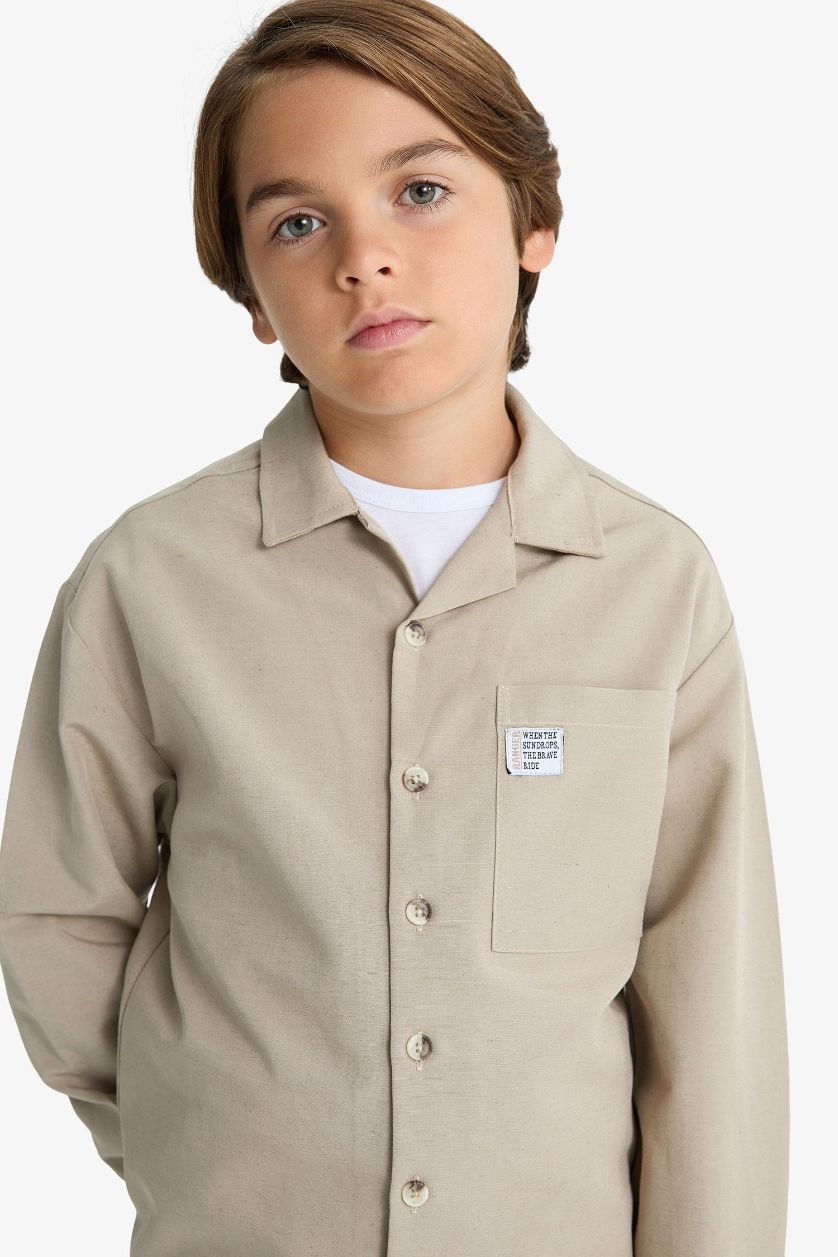 Erkek Çocuk - Genç Erkek Bej Oversize Geniş Kalıp Polo Yaka Uzun Kollu Gömlek Erkek Çocuk