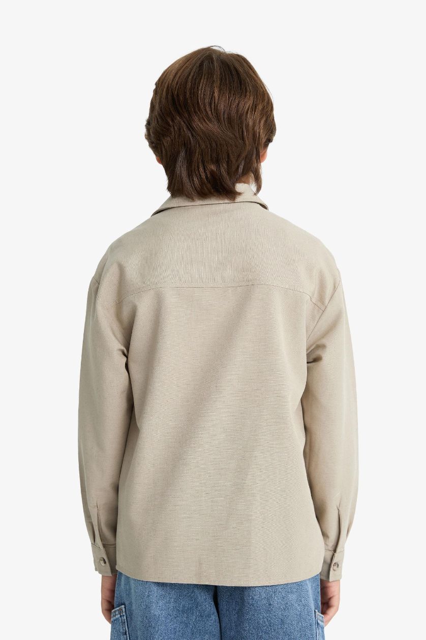 Erkek Çocuk - Genç Erkek Bej Oversize Geniş Kalıp Polo Yaka Uzun Kollu Gömlek Erkek Çocuk