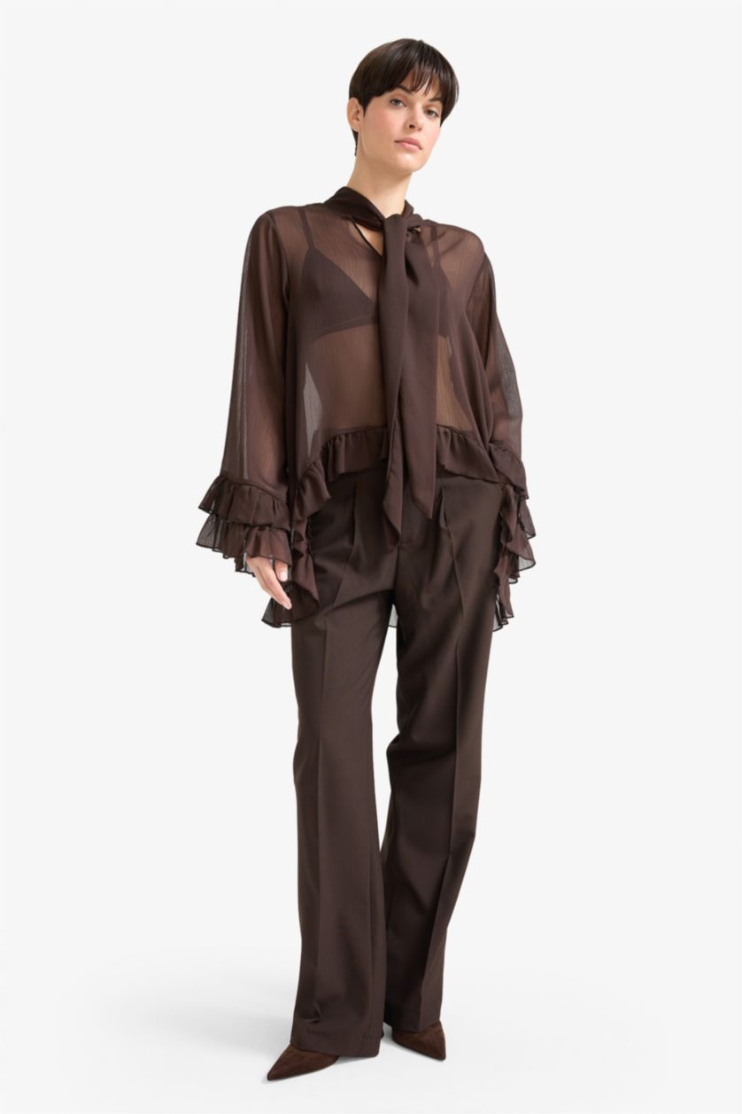 Kadın Kahve Overshırt Fıt Fiyonk Yaka Şifon Uzun Kollu Bluz