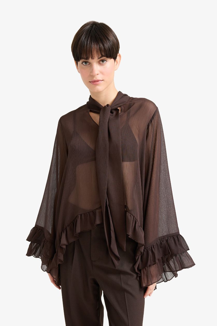 Kadın Kahve Overshırt Fıt Fiyonk Yaka Şifon Uzun Kollu Bluz
