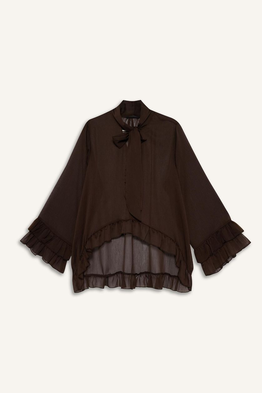 Kadın Kahve Overshırt Fıt Fiyonk Yaka Şifon Uzun Kollu Bluz