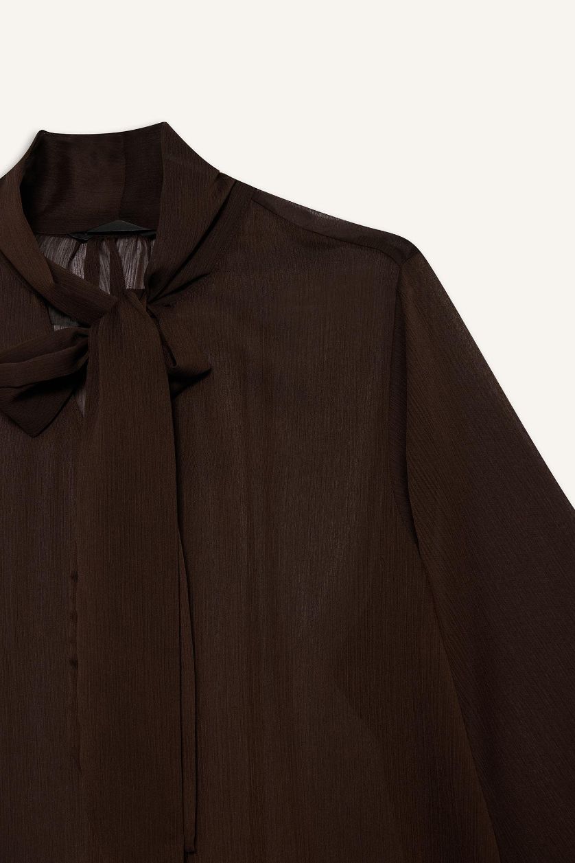 Kadın Kahve Overshırt Fıt Fiyonk Yaka Şifon Uzun Kollu Bluz