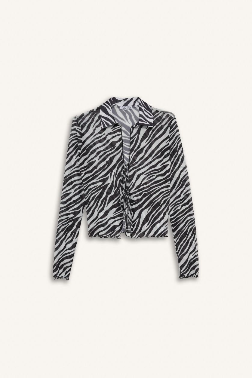 نساء اوف وايت Fitted Polo Neck Zebra Print Tie Front Tulle Blouse