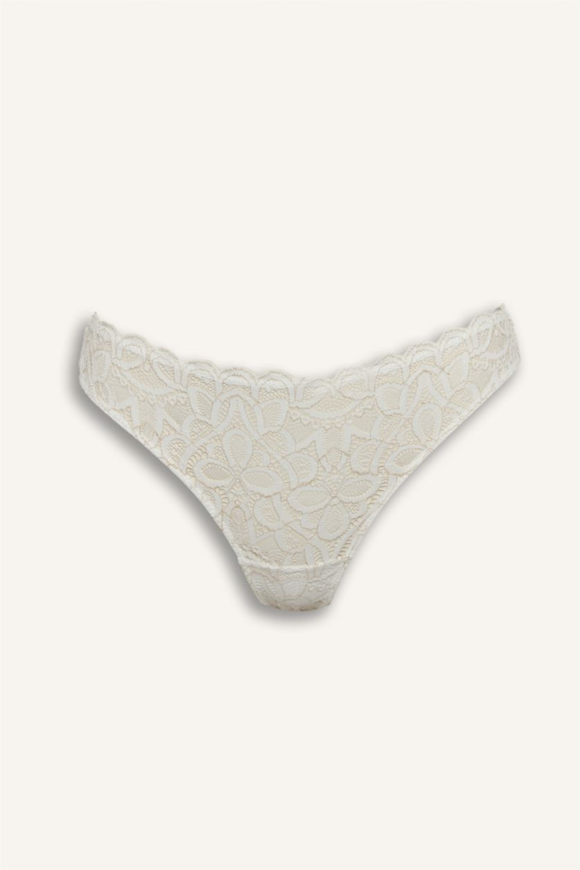 Kadın Kırık Beyaz Dantelli Simli Dantel Brazilian Külot