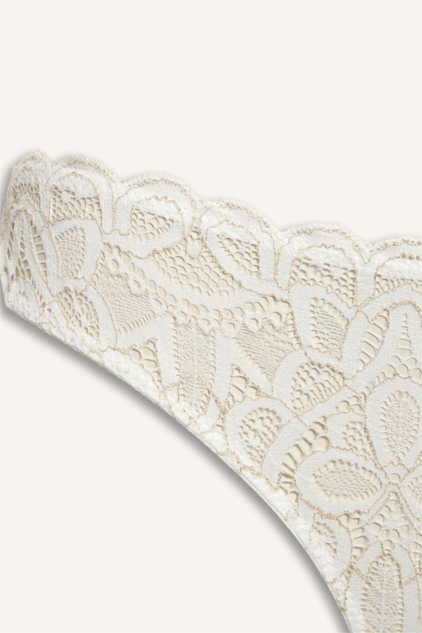 Kadın Kırık Beyaz Dantelli Simli Dantel Brazilian Külot