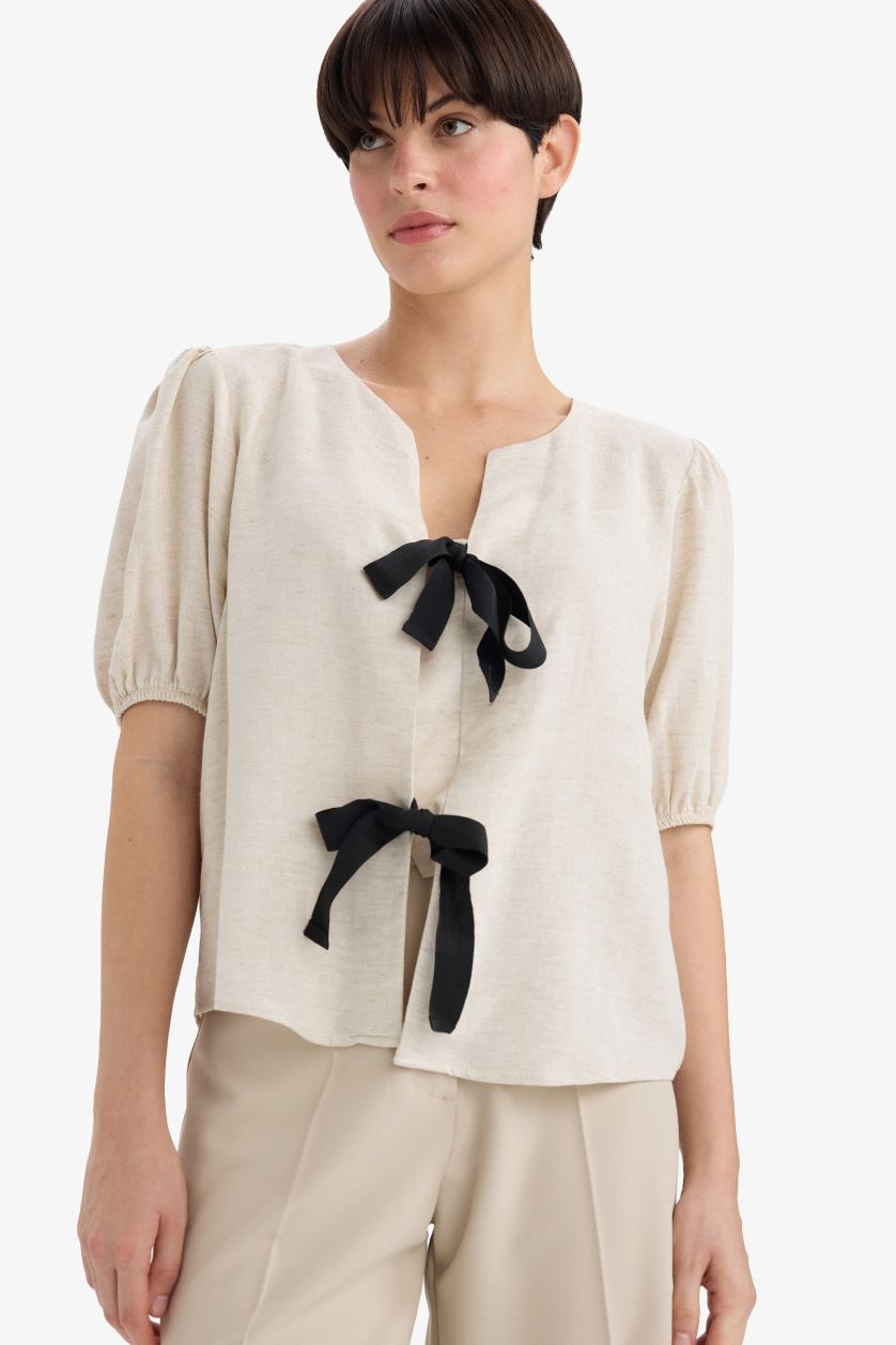 WOMAN Light Beige Regular Fit Crew Neck Linen Blend Blouse