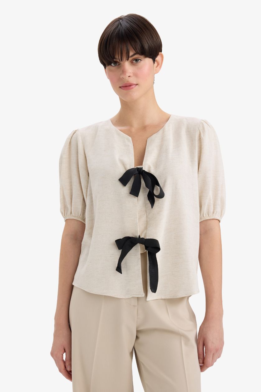 WOMAN Light Beige Regular Fit Crew Neck Linen Blend Blouse