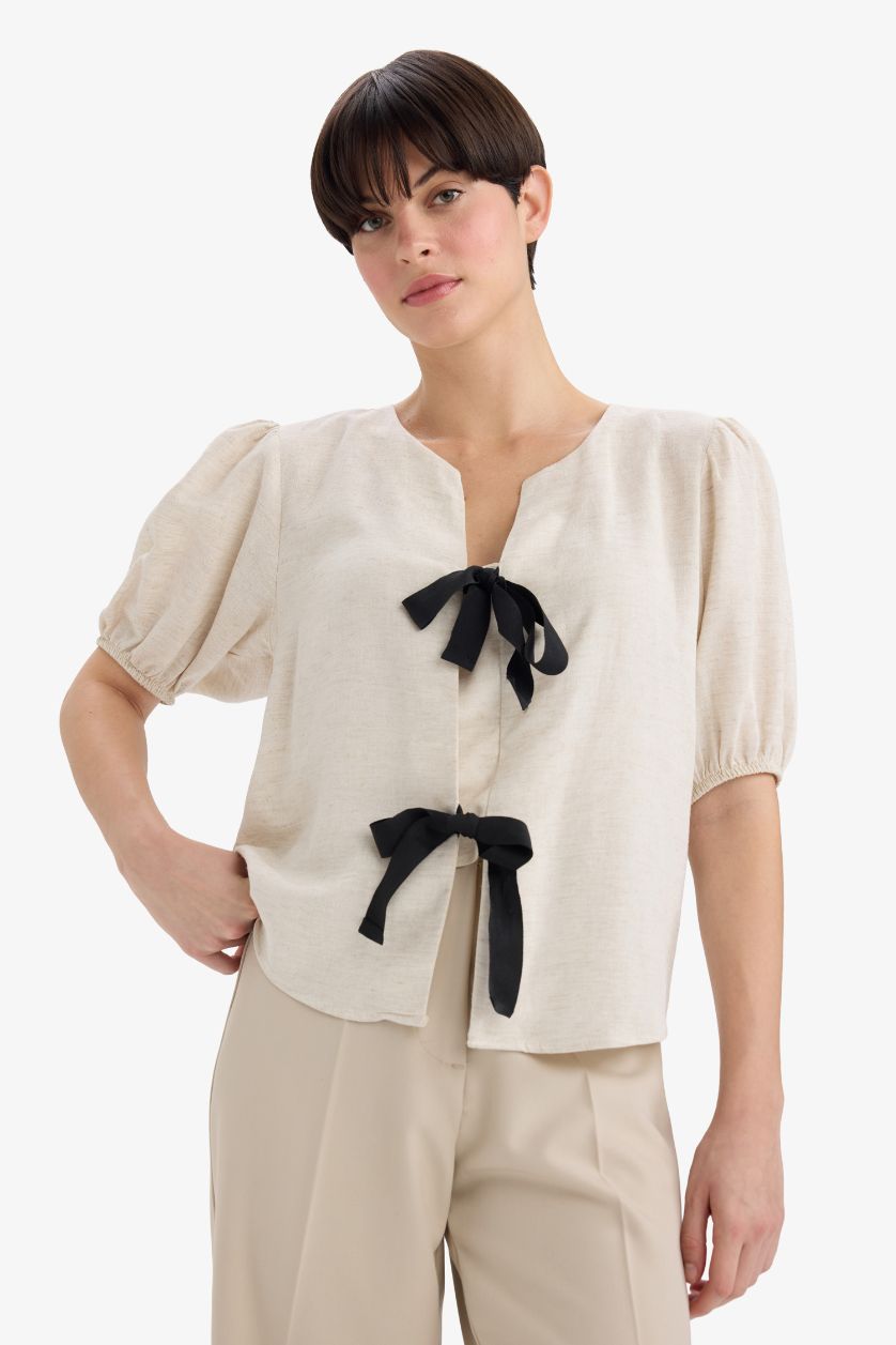 WOMAN Light Beige Regular Fit Crew Neck Linen Blend Blouse