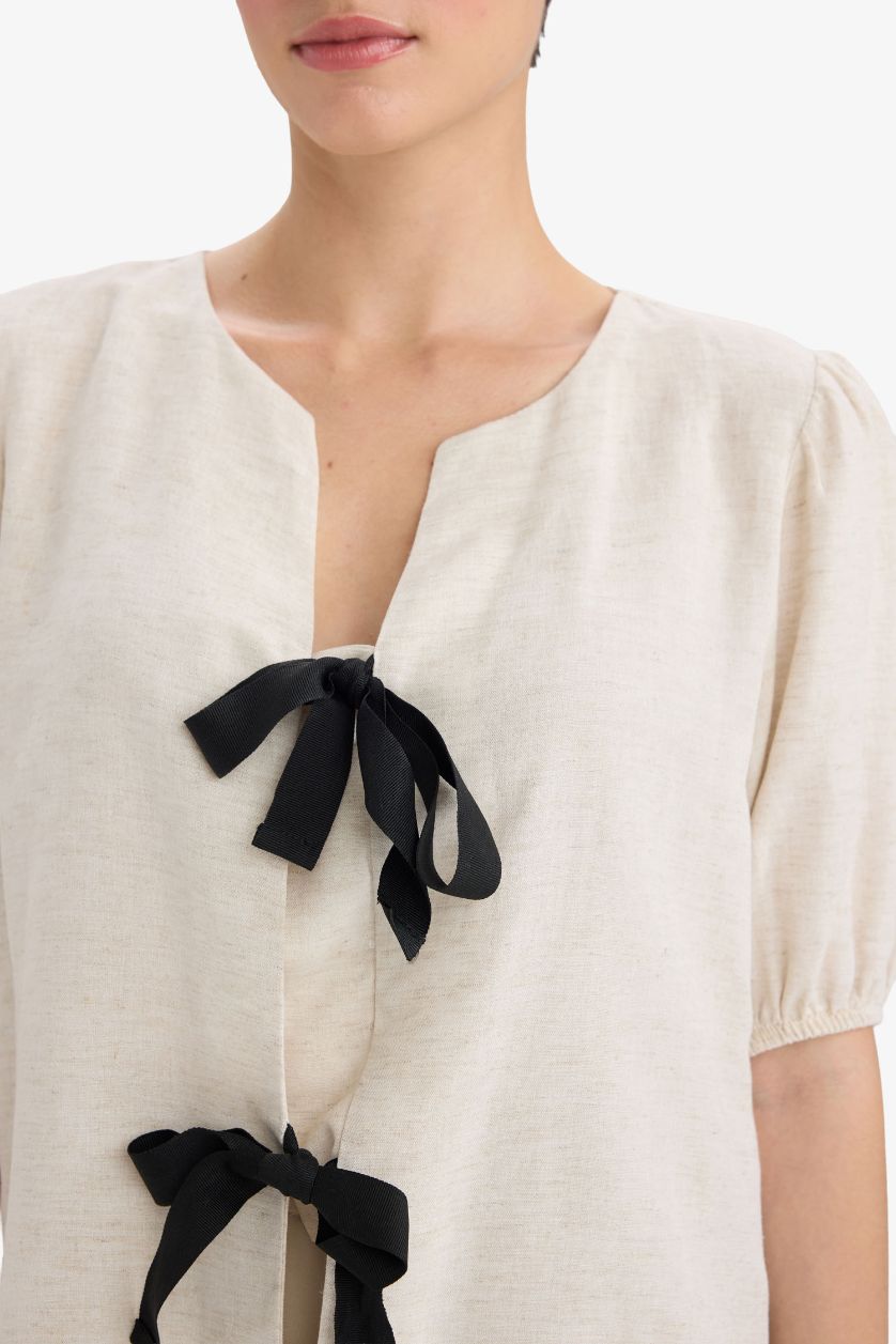 WOMAN Light Beige Regular Fit Crew Neck Linen Blend Blouse