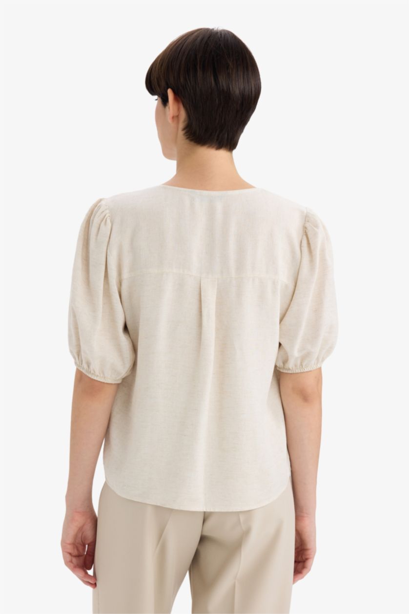 WOMAN Light Beige Regular Fit Crew Neck Linen Blend Blouse