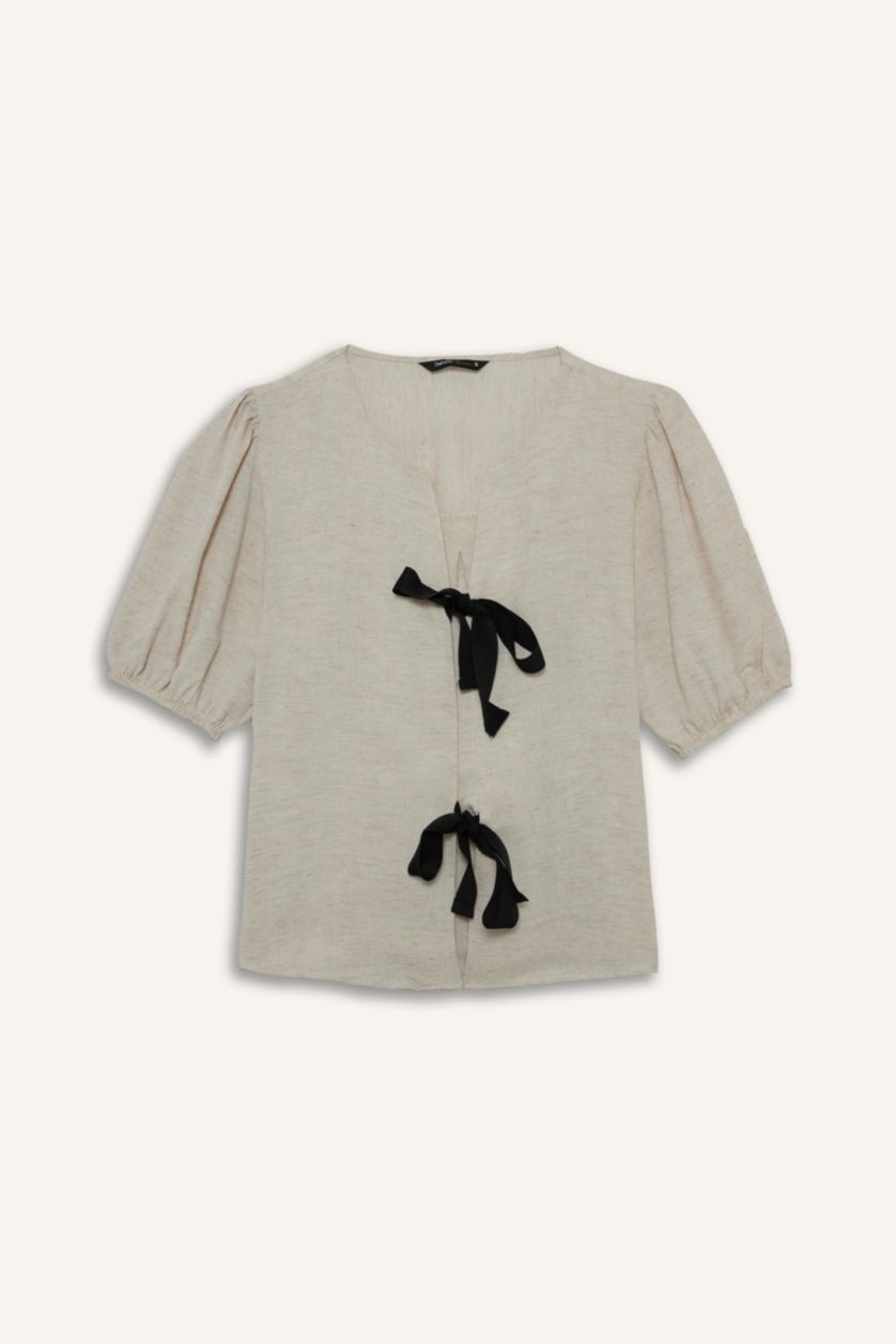 WOMAN Light Beige Regular Fit Crew Neck Linen Blend Blouse