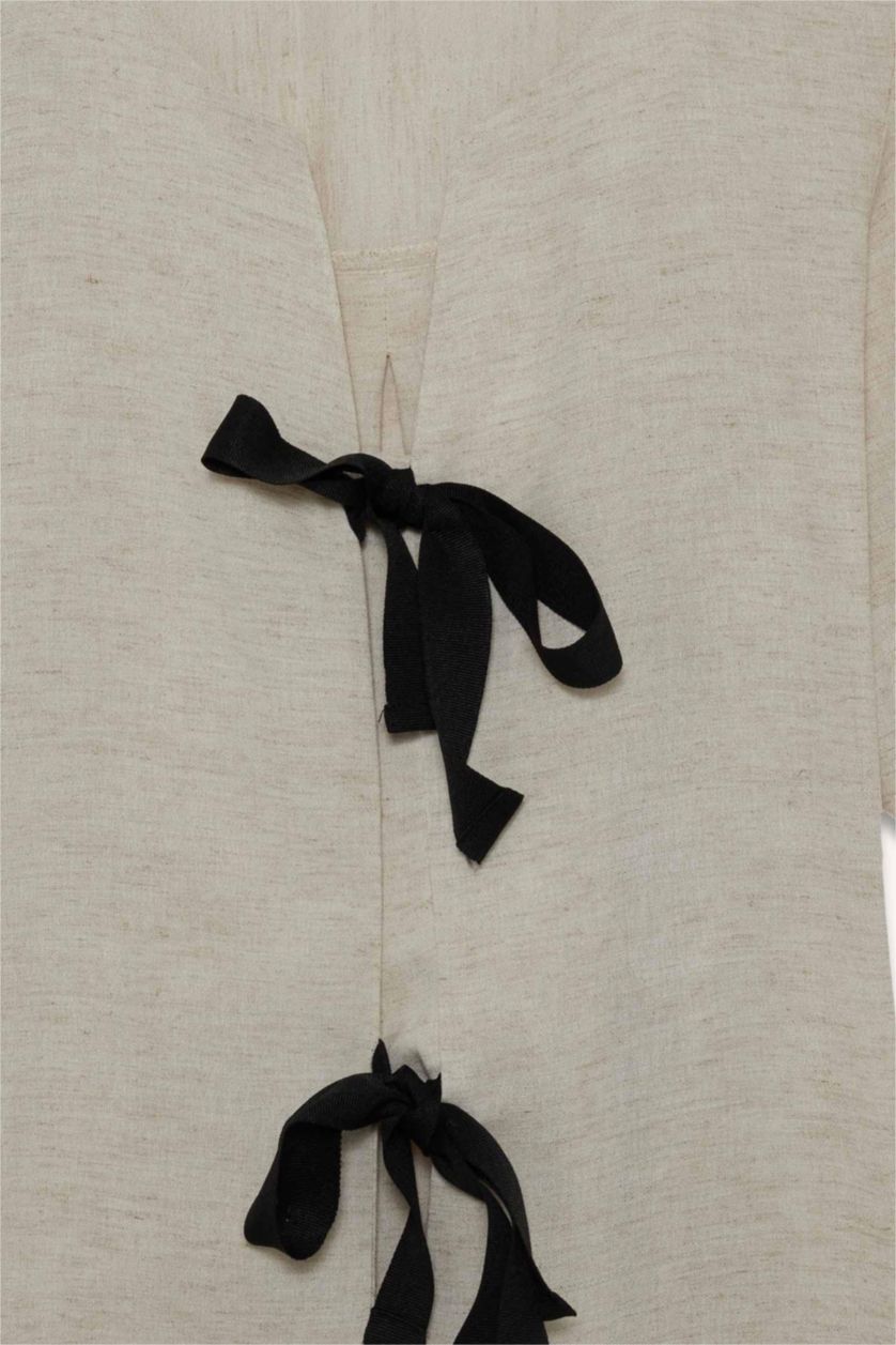 WOMAN Light Beige Regular Fit Crew Neck Linen Blend Blouse